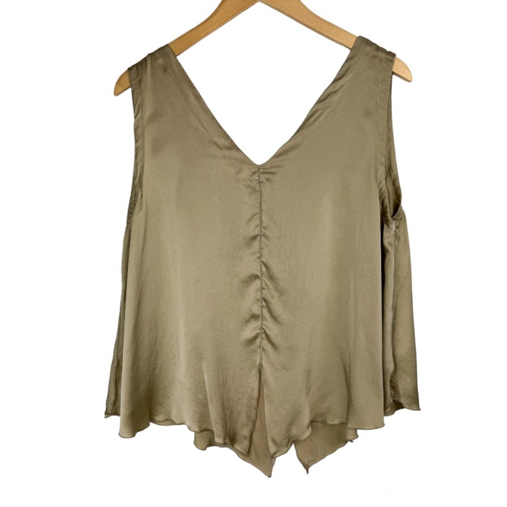 Vtg 100% Silk Tank Blouse Split Hem Tie Twist Golden Tan Sz Large